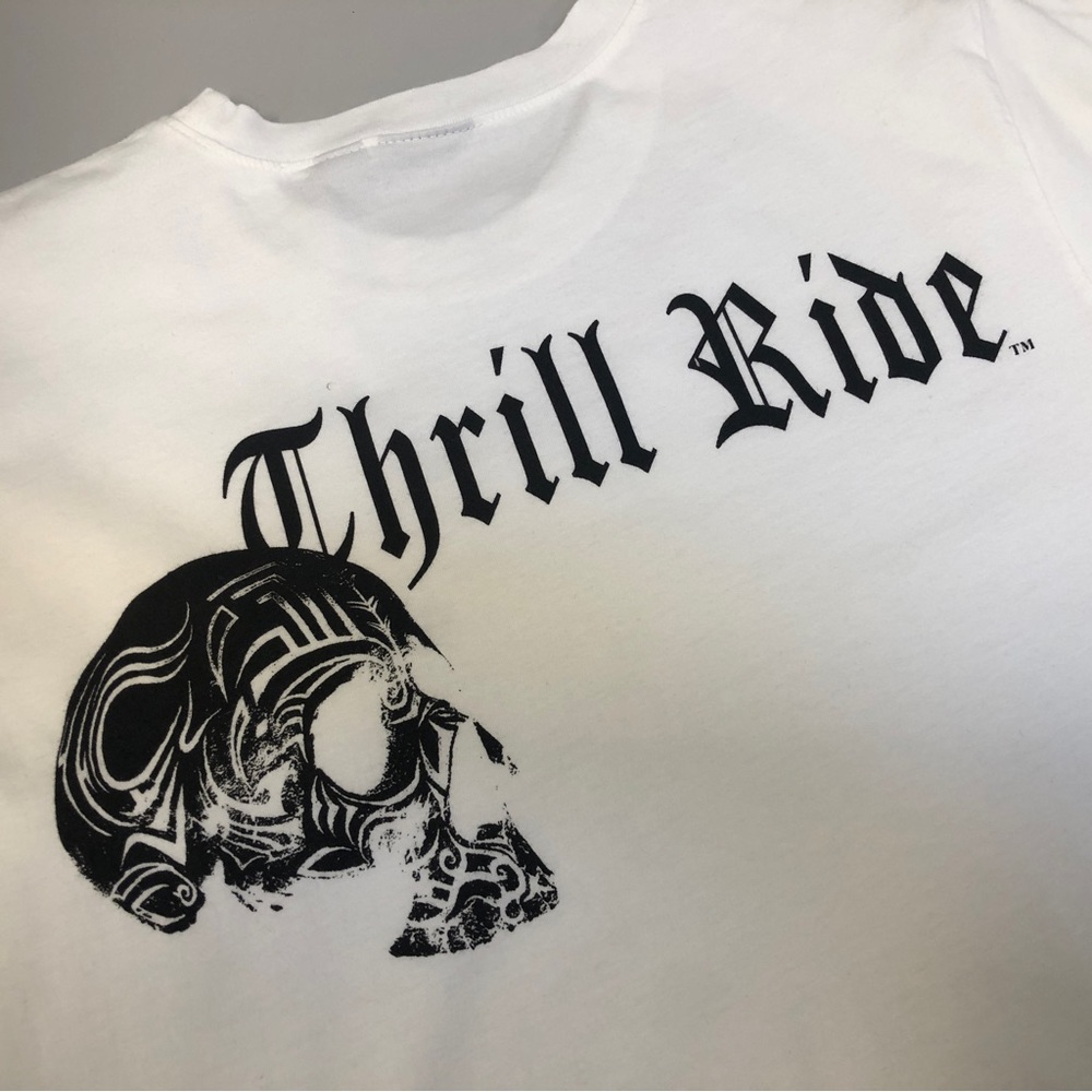 NWOT, White with Black Graphics, “Thrill Ride” T Shirt, Med, fits more l…